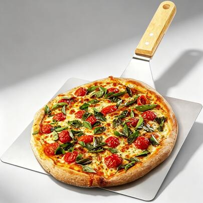 Vassoio di trasferimento piatto in acciaio inox con pratica maniglia, ideale per trasferire pizze fresche e torte cotte.