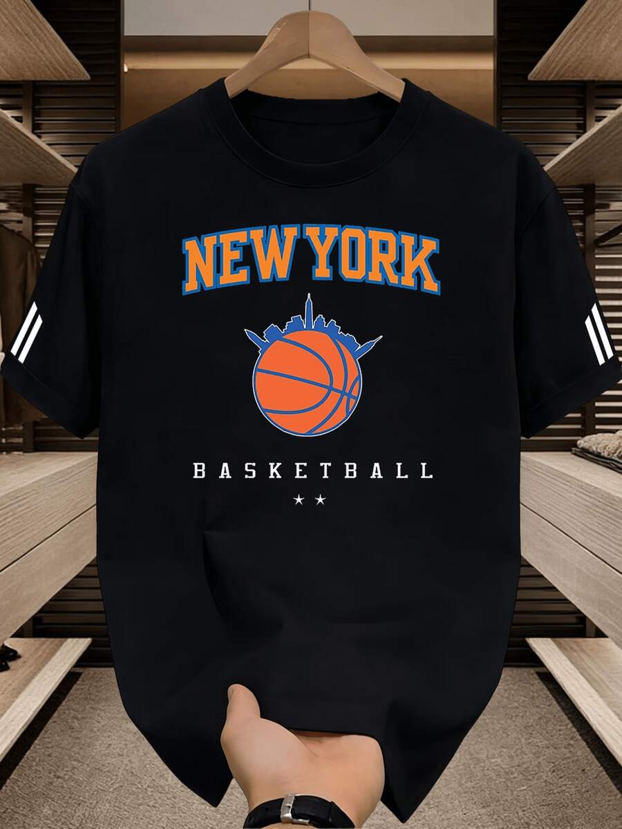 Herren New York Basketball Grafik-T-Shirt - Urbaner Stil, Weich und Atmungsaktiv, Auffälliges Druckdesign, Rundhals, Kurzarm-Sommer-T-Shirt, Sportbekleidung T-Shirt - Schwarz - Übersicht 1