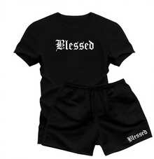 Conjunto Masculino Blessed Camiseta e Bermuda .Algodão Moda Streetwear Kit Verão Casual Confortável - Preto - Visão 1