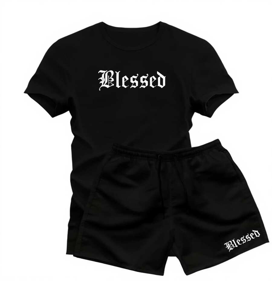 Conjunto Masculino Blessed Camiseta e Bermuda .Algodão Moda Streetwear Kit Verão Casual Confortável - Preto - Visão 1