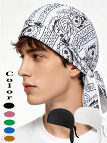 1pc Men's Cashew Flower Print Pirate Bandana Hat, Breathable Drawstring Bandana, Black Casual Cycling/Motorcycle Headwear, Hip Hop Headscarf - Multicolor - View 2
