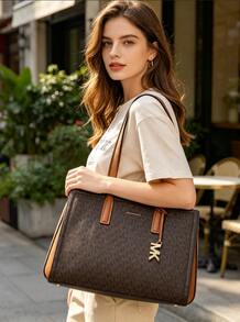 Michael Kors MK Laila 中號女款皮革托特包，休閒單肩包，經典通勤托特手提包，適合購物與旅行 - 棕色 - 查看 2