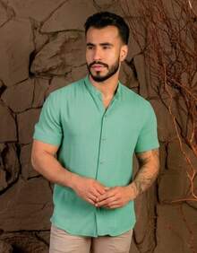 Men's Short-Sleeve Shirt With Mandarin Collar, Lightweight For Work And Leisure - 水綠色 - 查看 3