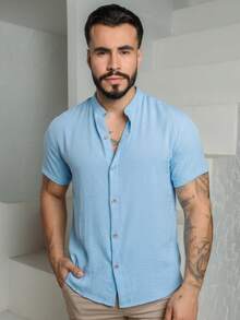 Men's Short-Sleeve Shirt With Mandarin Collar, Lightweight For Work And Leisure - 天藍色 - 查看 5