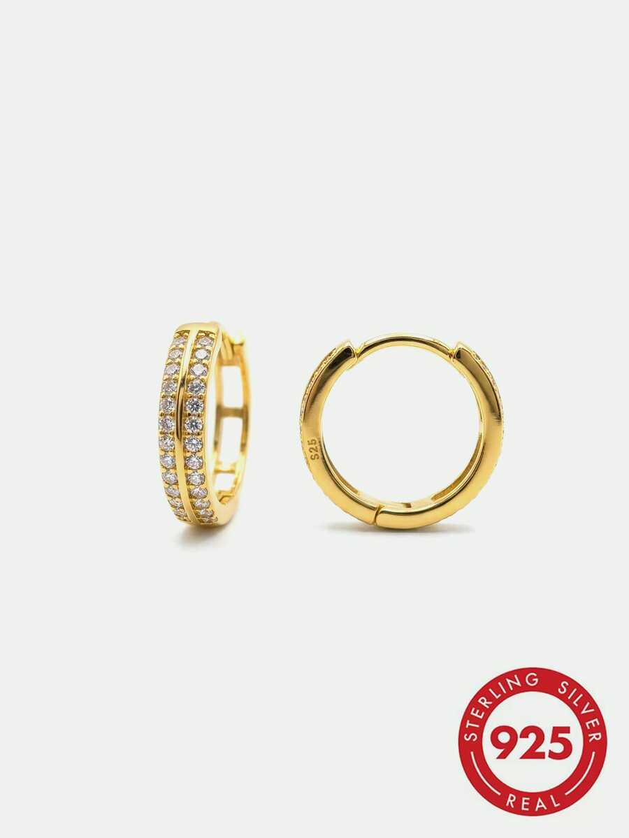 Luxurious Gold Full Pave Rhinestone Double Row Hoop Earrings, Sparkling Zirconia Ear Jewelry, With Gift Box, Suitable For Wedding And Daily Wear - Gold - View 1