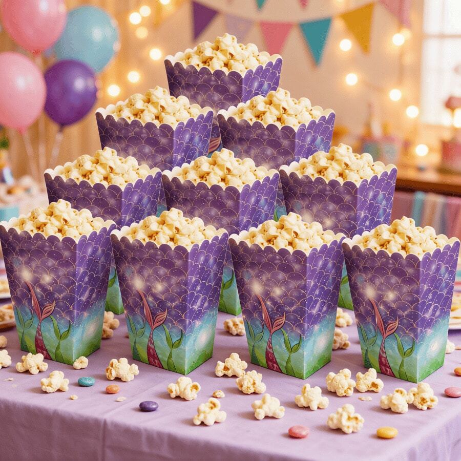 6pcs Purple Fish Scale Paper Popcorn Boxes, Suitable For Mermaid Theme Birthday Party, Random Color Style (6pcs/Set), Can Be Used As Disposable Popcorn Container, French Fries Box, Bread Box, Candy Box, Gender Reveal Disposable Food Packaging Container, Perfect For 1st Birthday Party, Newborn Party, White And Purple Fish Scale Paper Popcorn Box, Gender Reveal Tray - Multicolor - View 1