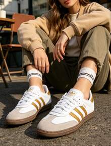 Adidas 中性 Samba OG 舒適輕量低筒休閒運動鞋，適合日常穿著、戶外運動與休閒 - 白/金 - 查看 2