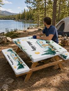 1/3pcs Elastic Picnic Table Cover With Stool Cover Set, Reusable Elastic-Edged Tablecloth, Tabletop Protection For Happy Campers And RVs, Durable Tablecloth For RV Travel And Backyard Dining. - Multicolor - View 7