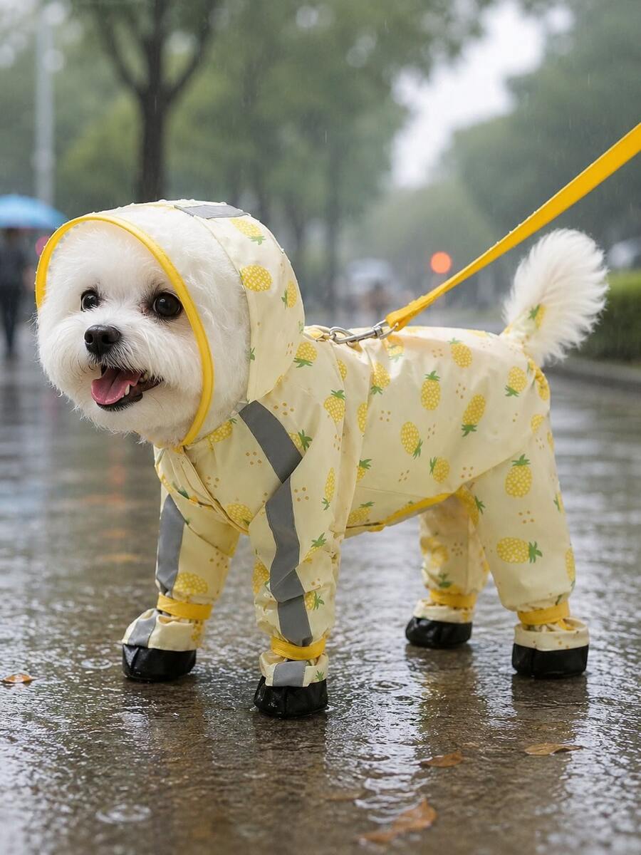 1pc Teddy Bear Print Dog Raincoat, Cute Cartoon Style Waterproof Polyester Fiber With TPU Lining Full Body Four-Leg Design, With Transparent Hood, Leash Hole And Boot Shaft, Suitable For Small Dogs Like Teddy, Bichon Frise, Etc. For Rainy Days And All Seasons - Multicolor - View 1
