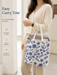 Ocean Print Canvas Laptop Accessory Tote Bag, Shell & Starfish Pattern Shoulder Bag, Large Capacity Computer Accessory Storage Bag, Suitable For Tablet, Charger, Data Cable, Laptop, Office And School Daily Use, School Commute, Small Gift For Family, Friends, Bestie - View 7
