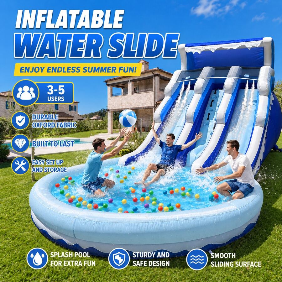 20ft Large Double Lane Inflatable Water Slide With Splash Pool & Air Blower For Kids Backyard Fun(Blue) (Oxford Material) - 藍色 - 查看 1