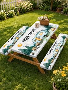 1/3pcs Elastic Picnic Table Cover With Stool Cover Set, Reusable Elastic-Edged Tablecloth, Tabletop Protection For Happy Campers And RVs, Durable Tablecloth For RV Travel And Backyard Dining. - Multicolor - View 1
