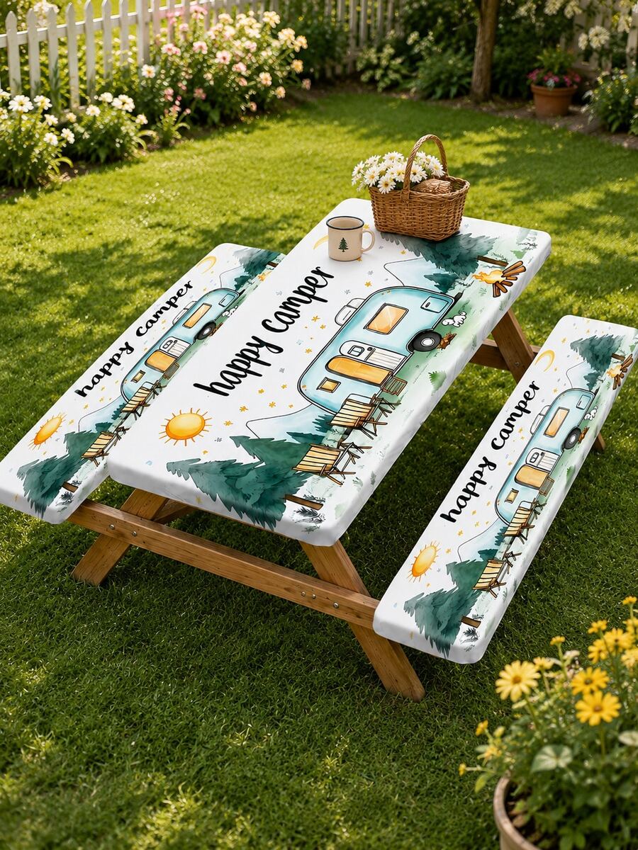 1/3pcs Elastic Picnic Table Cover With Stool Cover Set, Reusable Elastic-Edged Tablecloth, Tabletop Protection For Happy Campers And RVs, Durable Tablecloth For RV Travel And Backyard Dining. - Multicolor - View 1
