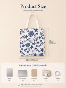 Ocean Print Canvas Laptop Accessory Tote Bag, Shell & Starfish Pattern Shoulder Bag, Large Capacity Computer Accessory Storage Bag, Suitable For Tablet, Charger, Data Cable, Laptop, Office And School Daily Use, School Commute, Small Gift For Family, Friends, Bestie - View 13