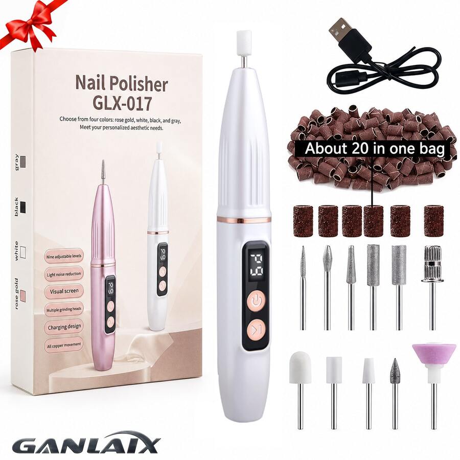 GANLAIX 專業美甲打磨機套裝，USB 充電式美甲磨甲機，300mAh 大容量鋰電池，美甲與足部護理套裝，居家與沙龍美甲磨甲套組，美甲拋光與美甲足部拋光工具