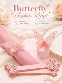 50pcs - These Hollow Butterfly Napkin Rings Are Perfect For Decorating Western-Style Restaurants, And Also Suitable For Parties, Weddings, And Birthday Celebrations. Creative Accessory - Sparkling Pink Napkin Ring - View 1