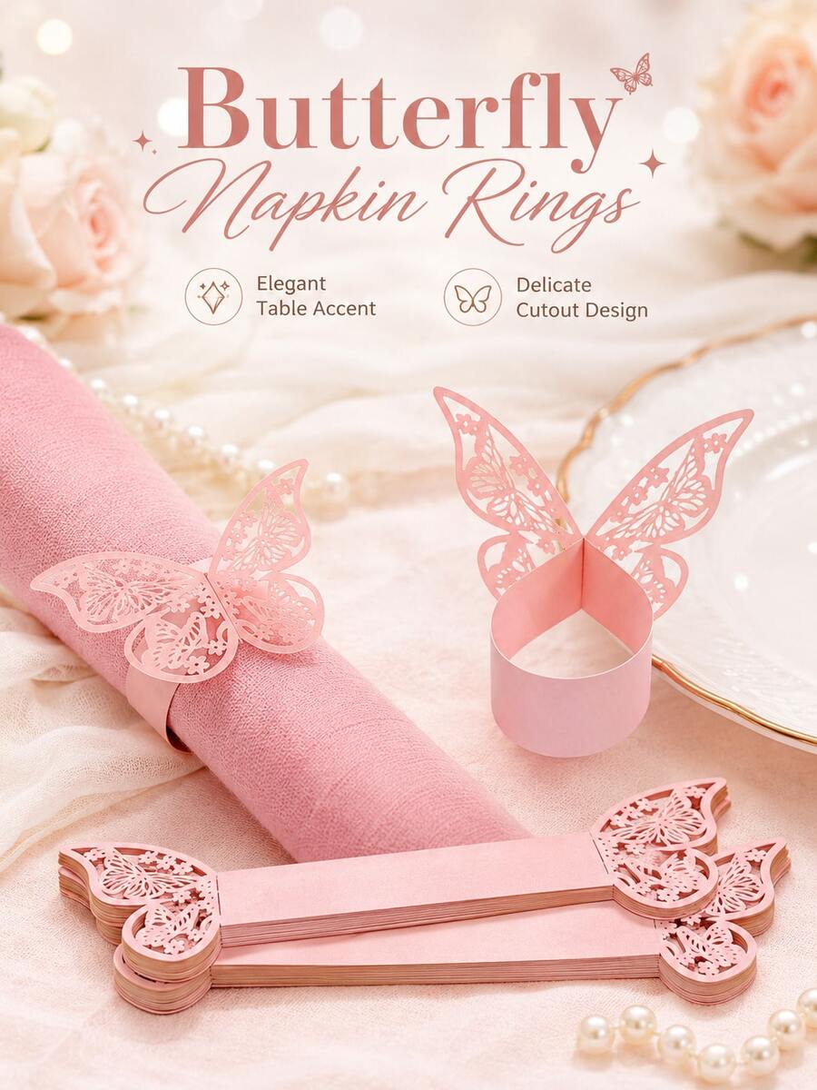 50pcs - These Hollow Butterfly Napkin Rings Are Perfect For Decorating Western-Style Restaurants, And Also Suitable For Parties, Weddings, And Birthday Celebrations. Creative Accessory - Sparkling Pink Napkin Ring - View 1