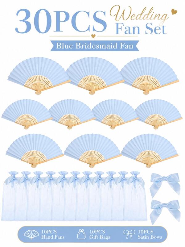 Juego de 30 abanicos de mano para boda, con lazos y bolsas de regalo de organza, elegantes abanicos plegables de bambú en color gris-azul, regalos para damas de honor, decoración para fiesta nupcial, abanicos de mano para ceremonia de boda, decoración de mesa de recepción, accesorios para boda de verano al aire libre
