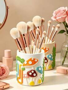 1pc Cute Mushroom & Line Pattern Makeup Brush Holder, Cream Style Large Capacity Desktop Makeup Brush Bucket, Exquisite Desktop Storage For Vanity, Bathroom And Bedroom, Large Capacity Cosmetic Storage Cup, Smooth Glazed Vanity Organizer, Ideal Gift For Women, Home Decor - A - View 5