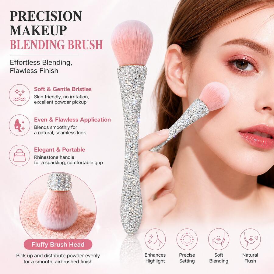 1pc Professional Rhinestone Handle Makeup Brush, Large Fluffy Synthetic Fiber Face Brush, Suitable For Foundation, Blush, Highlighter, Setting Powder, Soft Blending, Portable Makeup Tool, Suitable For Home And Travel Use - Multicolor - View 1