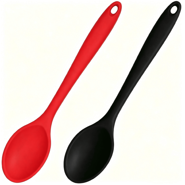Set di due cucchiai da cucina in silicone, composto da un cucchiaio da portata antiaderente e un cucchiaio per mescolare, adatti per cucinare e cuocere al forno (nero/rosso)