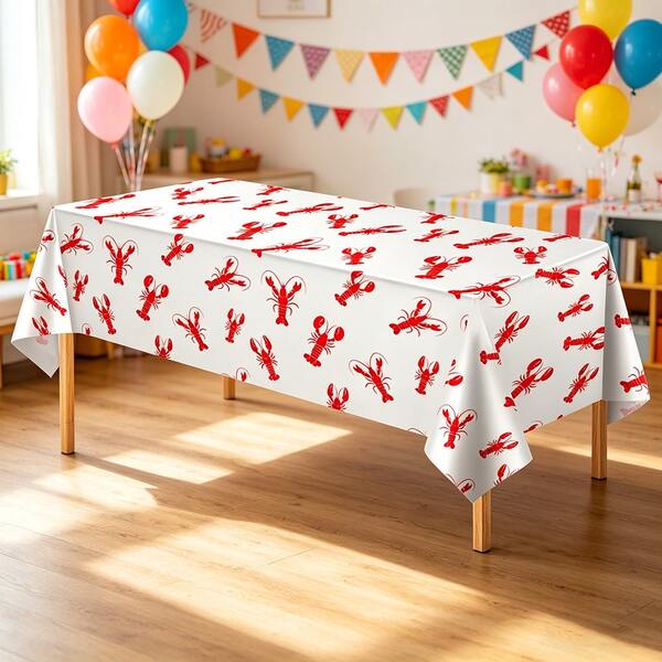 2/4pcs Crayfish Tablecloth Birthday Party Lobster Tablecloth White And Red Crayfish Tablecloth For Party Decoration Supplies Camping Outdoor Beach Theme Party Supplies 137x274cm