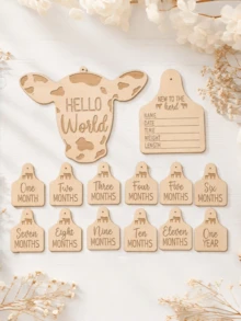 11pcs Wooden Baby Milestone Photo Cards, Cow Pattern Design, Suitable For Newborn Photography, Monthly Growth Tracking And First Birthday Hanging Tags - Helo World - View 1