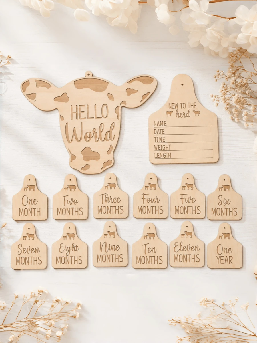 11pcs Wooden Baby Milestone Photo Cards, Cow Pattern Design, Suitable For Newborn Photography, Monthly Growth Tracking And First Birthday Hanging Tags - Helo World - View 1