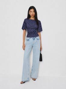 Vela Rue Waist Tie Bow Solid Color Batwing Sleeve Boat Neck Fitted Elastic Navy Blue T-Shirt Casual - Navy Blue - View 4