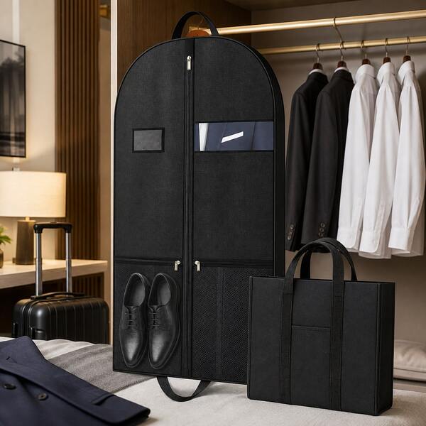 Kleidersack (109 x 60 cm) für Anzüge und Hemden, faltbarer Kleidersack aus Vliesstoff mit Reißverschluss, Tragegriff, Sichtfenster und Etikettenfach, praktischer Organizer für Büro, Geschäftsreisen und Hotel