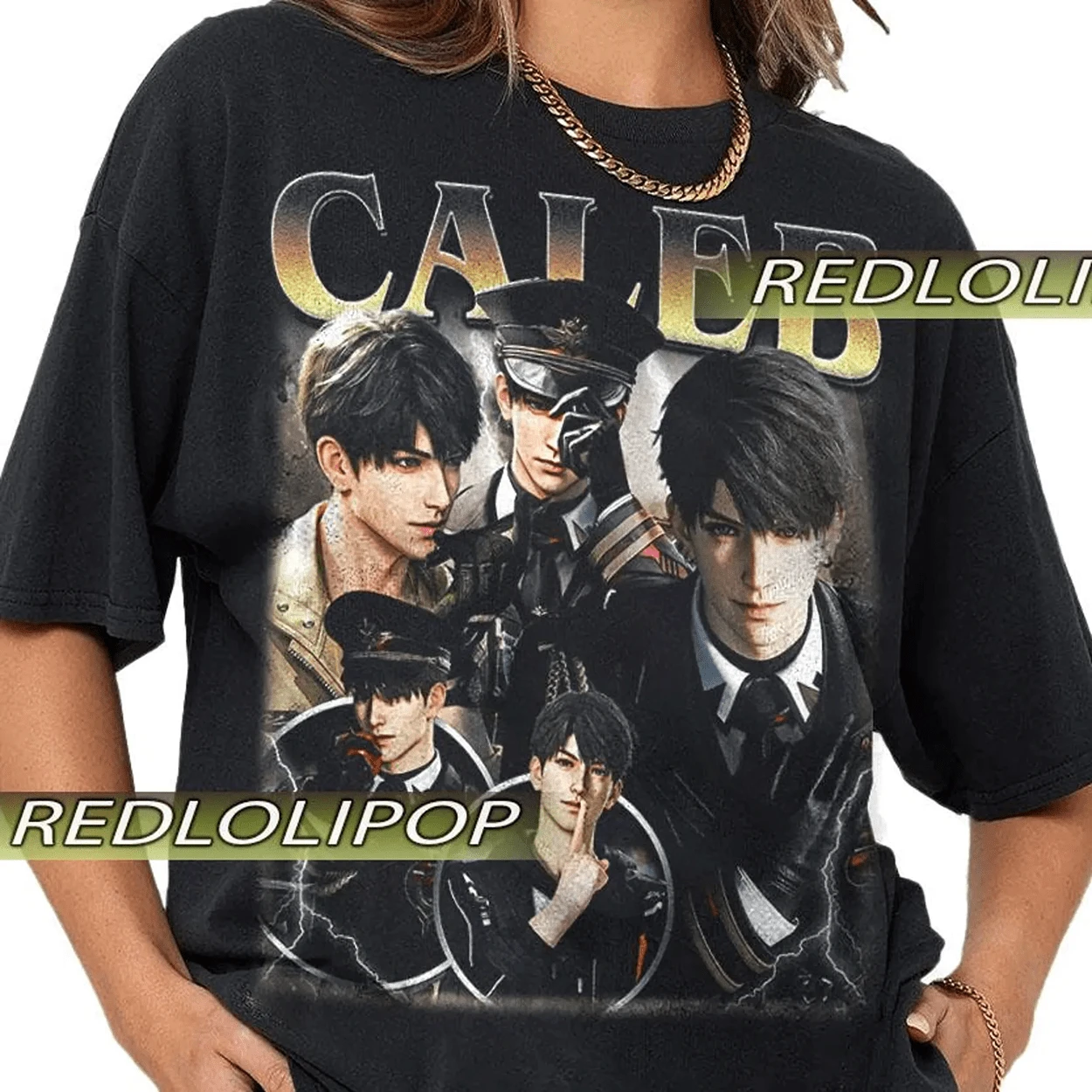 Y2K Retro Cotton Ladies Tee Popular Otome Game Male Lead Caleb Fan Gift Vintage Distressed Oversized Tshirt - 黑色 - 查看 1