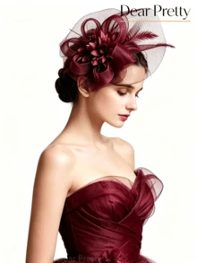 1pc Burgundy Women's Mesh Fascinator Hat With 3D Flower, Exquisite Mesh + 3D Flower Design, Suitable For Weddings, Banquets, Afternoon Tea, Evening Parties, Formal Ceremonies And Other Occasions, Elegant Vintage Style, Best Ball Hair Accessory - Burgundy - View 4