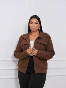 Women's Wool Coat With High Neck, Zipper And Pockets, Casual Winter - 鏽棕色 - 查看 3