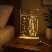 Luminária Noturna Acrílica Nossa Senhora de Guadalupe, Presente Católico Cristão para Mãe, Lâmpada LED Religiosa com Base de Madeira, Decoração de Quarto com Fé, Presente Significativo para Mulheres e Famílias - luz branca quente - Visão 5