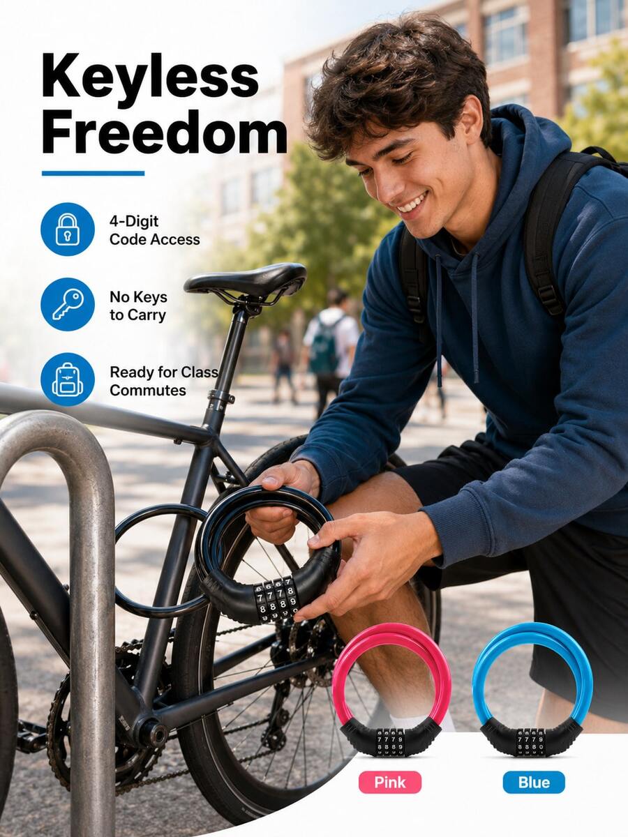 Modern Portable Bicycle Combination Lock, High Flexibility Steel Cable Ring Lock, 4-Digit Combination Cable Lock, Suitable For City Commuting, Campus, Daily Riding, Travel, Back To School Season, Outdoor Bicycle Equipment