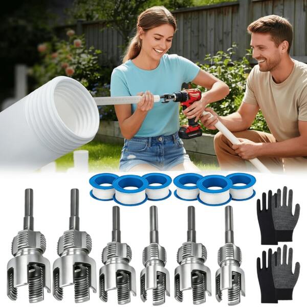 6 piezas Herramienta roscadora de tubería de PVC, herramienta roscadora interna y externa integrada para tuberías de PVC/plástico de 1/2" & 3/4" & 1", barra de extensión & cinta de sellado & guantes