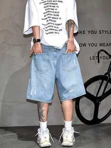 Pantalones cortos de mezclilla desgastados y lavados de moda callejera de verano para hombres - Lavado ligero - Ver 2