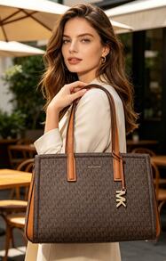 Michael Kors MK Laila 中號女款皮革托特包，休閒單肩包，經典通勤托特手提包，適合購物與旅行 - 棕色 - 查看 8