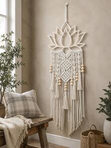 1pc Bohemian Lotus Wall Hanging, White Lotus Bead Tassel Tapestry, Bohemian Lotus Wall Decor, Hand-Woven Lotus Wall Art, Minimalist Lotus Hanging For Bedroom, Living Room, Nursery, Yoga Room, Zen Decor, Meditation Room Decor, Hippie Room Decor, Soul Lotus Wall Decor, Modern Bohemian Lotus Tapestry, Handmade Lotus Wall Decor, Neutral White Lotus Wall Hanging, Bohemian Aesthetic Lotus Wall Art, Rustic Farmhouse Wall Decor - Multicolor B - View 1