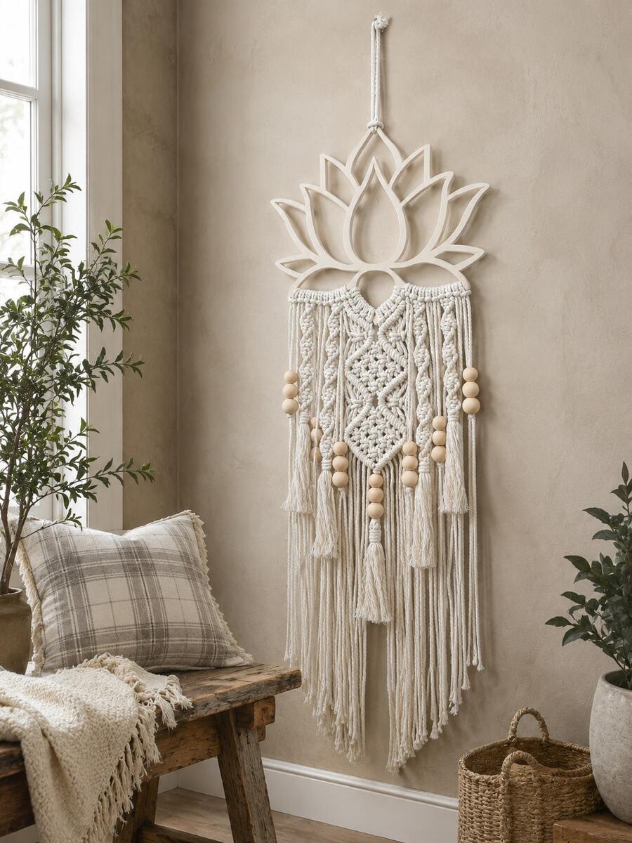 1pc Bohemian Lotus Wall Hanging, White Lotus Bead Tassel Tapestry, Bohemian Lotus Wall Decor, Hand-Woven Lotus Wall Art, Minimalist Lotus Hanging For Bedroom, Living Room, Nursery, Yoga Room, Zen Decor, Meditation Room Decor, Hippie Room Decor, Soul Lotus Wall Decor, Modern Bohemian Lotus Tapestry, Handmade Lotus Wall Decor, Neutral White Lotus Wall Hanging, Bohemian Aesthetic Lotus Wall Art, Rustic Farmhouse Wall Decor - Multicolor B - View 1