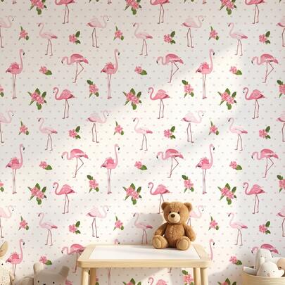 1 Roll 44.5cm/17.5in Pink Flamingo Heart Self-Adhesive Wallpaper, Kids Room Wall Decal, Suitable For Girls Room Nursery Bathroom Bedroom Cabinet Wall Renovation, Kids Room Background Wall Decoration