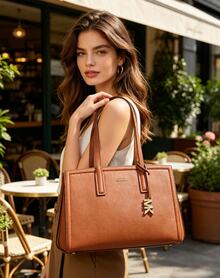 Michael Kors MK Laila 中號女款皮革托特包，休閒單肩包，經典通勤手提包，適合購物與旅行 - 棕色 - 查看 3