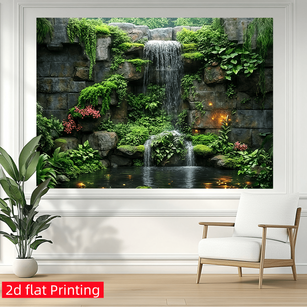 1pc Waterfall And Green Plant Background Banner - Rich Stone Wall Design, Waterfall Water And Bright Leaves, Photography, Live Broadcast, Wedding, Party - Indoor And Outdoor Decoration, Wedding Decoration.