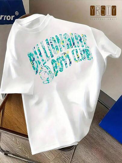 Fashionable Men's Cotton Pure Cotton T-Shirt With Creative "Billionaire Club" Camouflage Letter Pattern.Suitable For All Seasons,For Men And Women