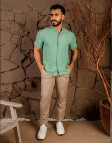 Men's Short-Sleeve Shirt With Mandarin Collar, Lightweight For Work And Leisure - 水綠色 - 查看 4