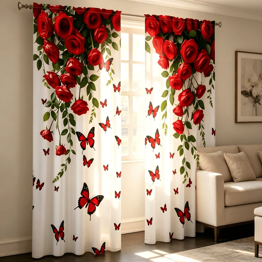 2 pièces Rideaux imprimés unilatéraux de roses rouges et papillons, style romantique de luxe, rideaux imprimés plats 2D, tissu 100% polyester, translucide, sans doublure, 90g/M², rideaux floraux, convient pour la décoration du salon, de la chambre, du balcon et des fenêtres, rideaux à poche pour tringle, rideaux uniquement, accessoires non inclus - Multicolore - Voir 1
