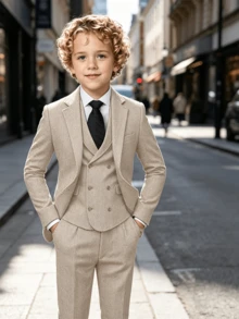 男童羊毛三件套西裝，幼童燕尾服正式穿著，花童套裝，婚禮西裝外套、背心、長褲，香檳色，3-8歲 - 香檳色 - 查看 2
