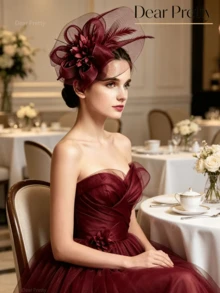 1pc Burgundy Women's Mesh Fascinator Hat With 3D Flower, Exquisite Mesh + 3D Flower Design, Suitable For Weddings, Banquets, Afternoon Tea, Evening Parties, Formal Ceremonies And Other Occasions, Elegant Vintage Style, Best Ball Hair Accessory - Burgundy - View 2