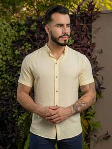 Men's Short-Sleeve Shirt With Mandarin Collar, Lightweight For Work And Leisure - 黃色 - 查看 5