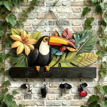 2D Art Piece Depicting A Beak Bird And A Wooden Sign, Key Organizer With Simple Colored Wooden Key Hooks, 4 Metal Hooks, Wall Art Suitable For Decorating Walls, Entryways, Rooms, Villas, Seasonal Home Decor - Multicolor - View 2